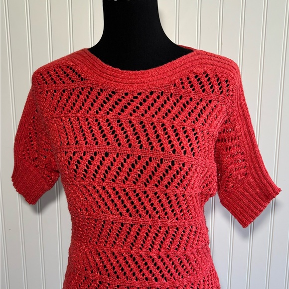Chicos 0 Short Sleeve Open Knit Sweater Pullover Boho Beachy Orange Size Small - Picture 3 of 15